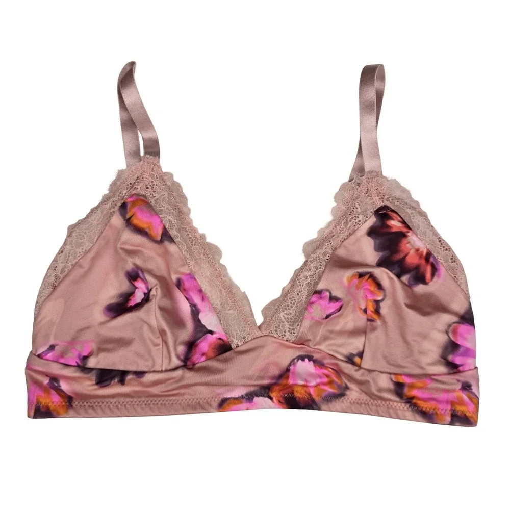 Auden Unlined Bralette M Rose Pink Floral Lace Wireless Bra NWT
